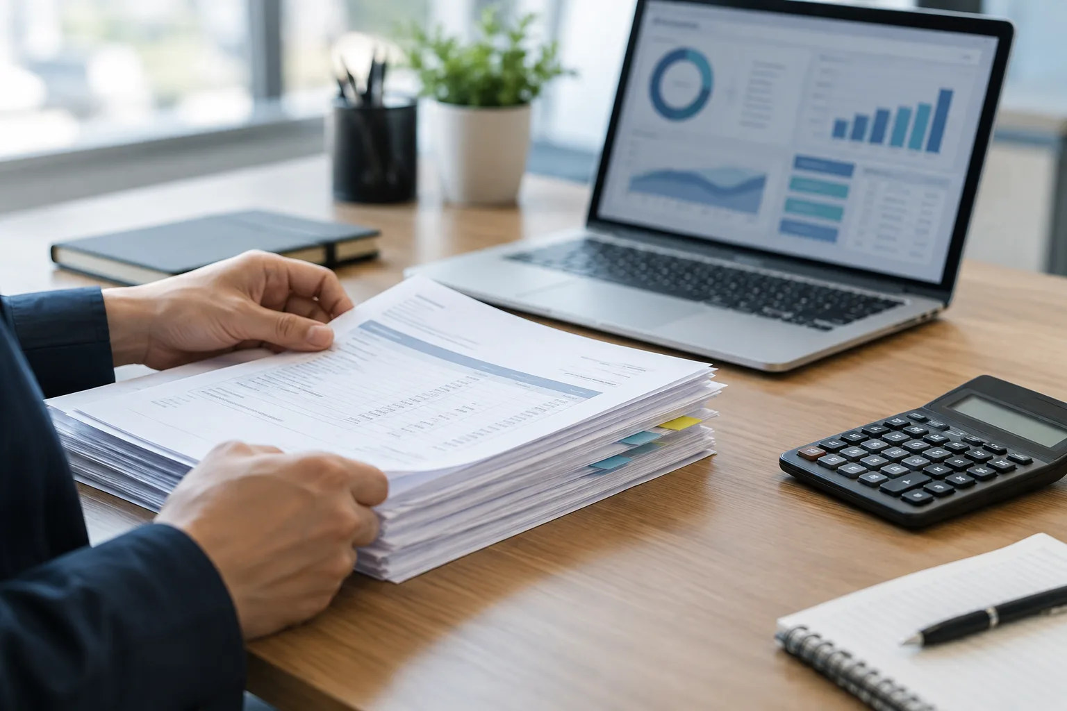 Des factures sont classées à côté d’un ordinateur et d’une calculatrice sur un bureau professionnel.