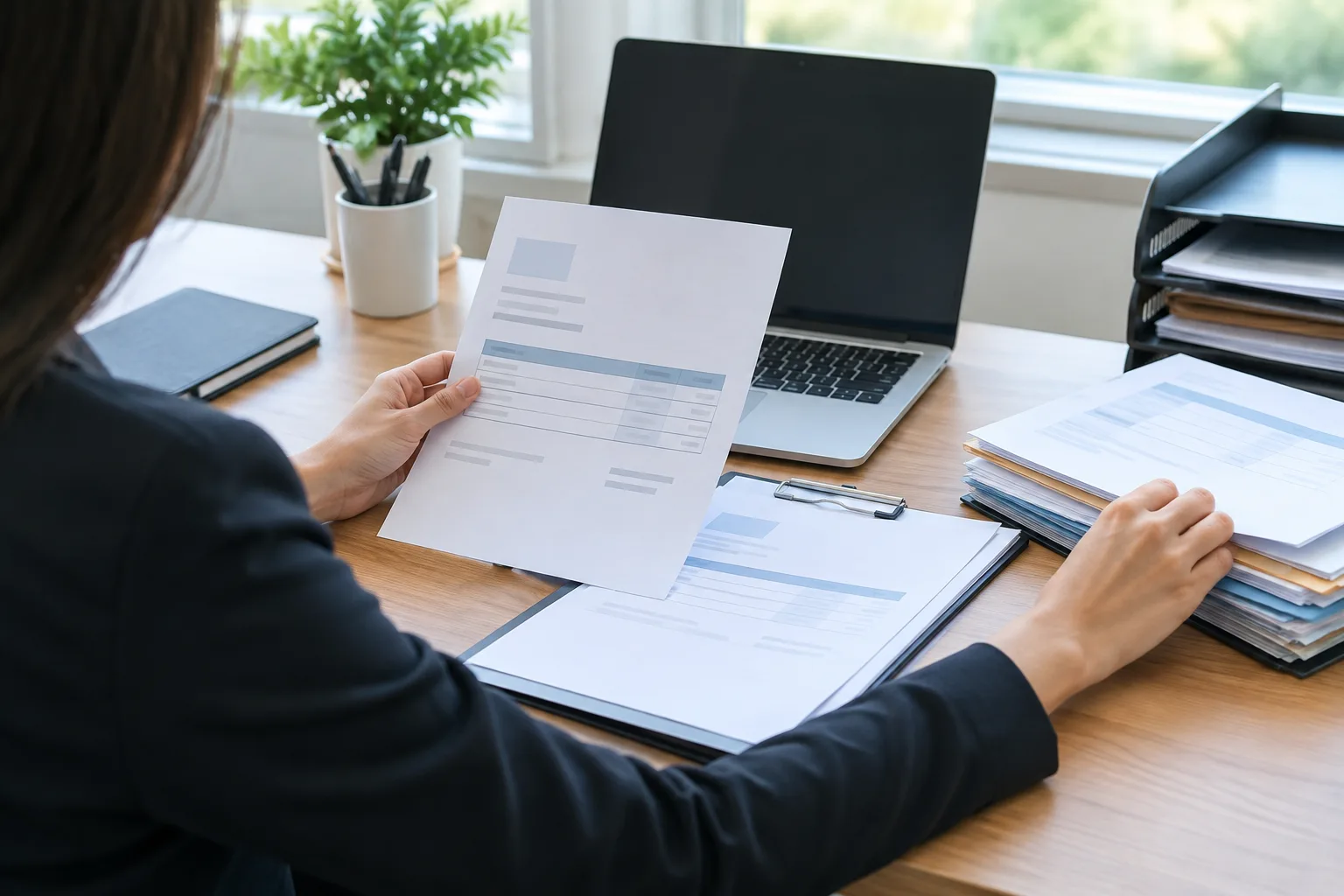 Une personne prépare des documents de facturation et organise le suivi des paiements dans un bureau.