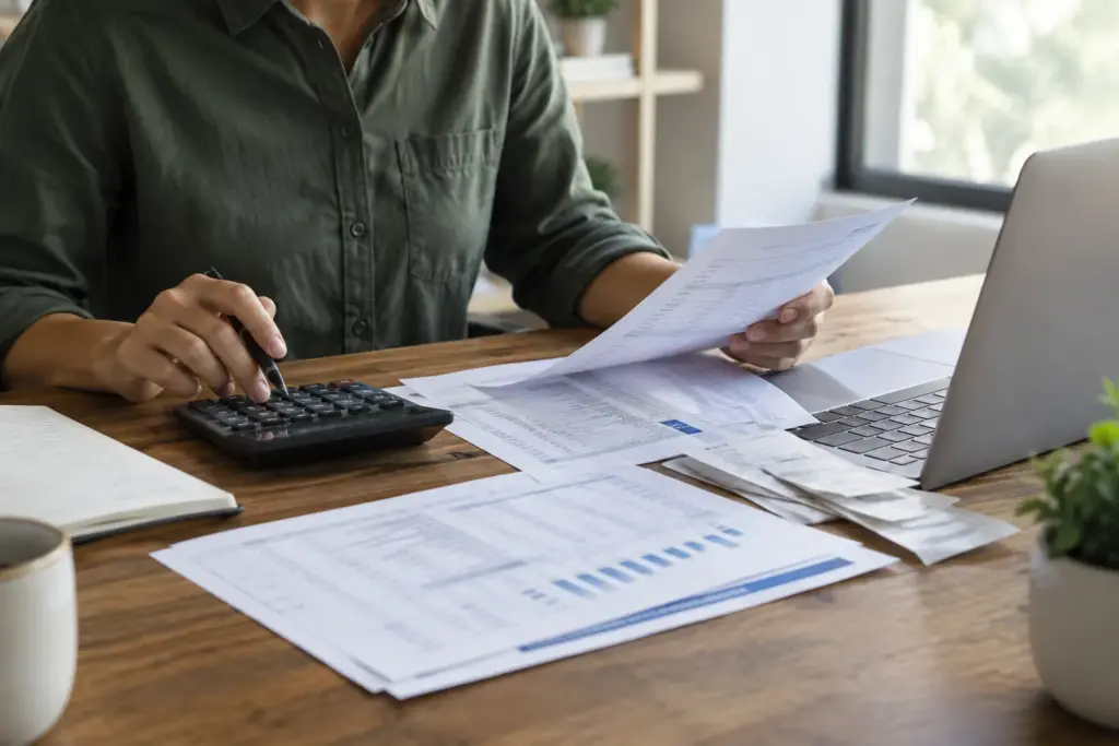 Un dirigeant de petite entreprise examine des factures et des documents de trésorerie à son bureau.