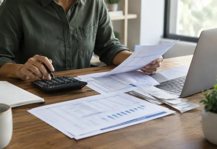 Un dirigeant de petite entreprise examine des factures et des documents de trésorerie à son bureau.