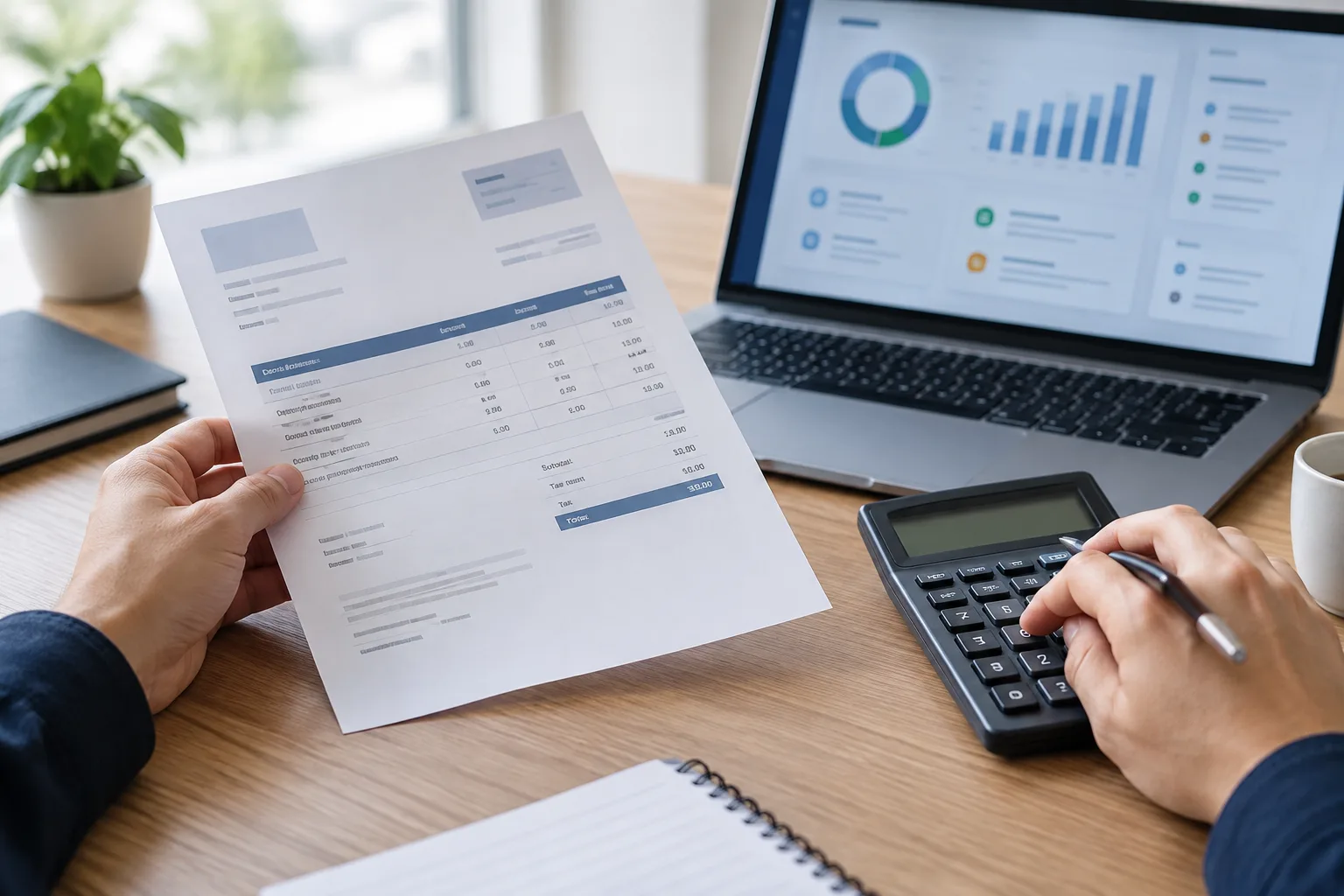 Une personne examine une facture commerciale à côté d’une calculatrice.