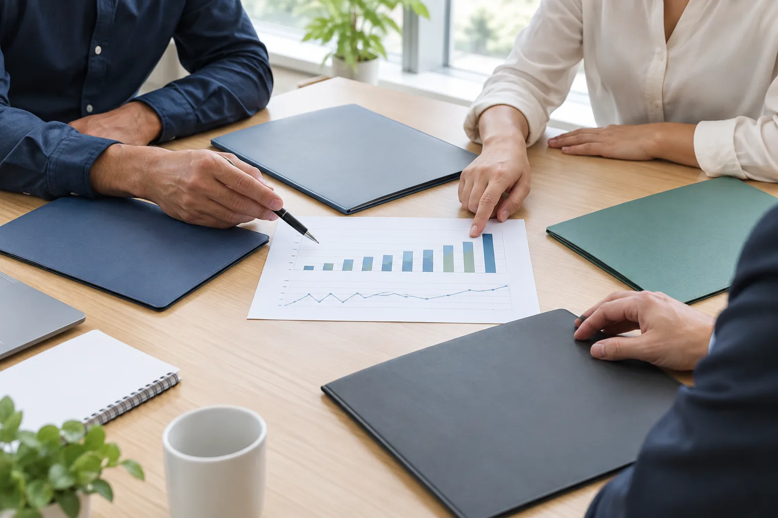 Des documents contractuels et un graphique de trésorerie sont comparés autour d’une table.