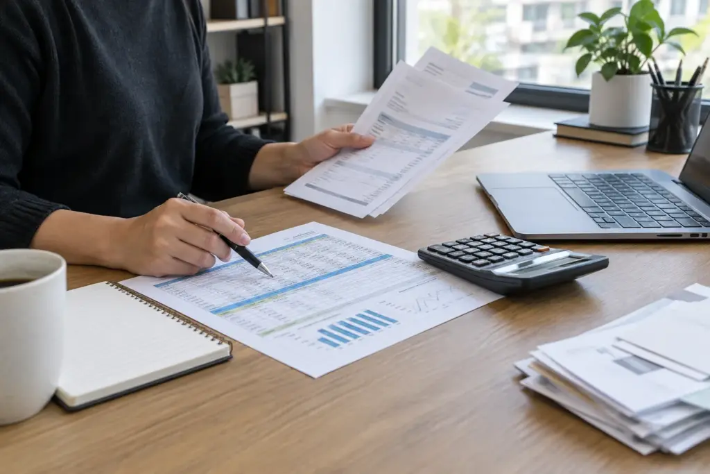 Des factures et une calculatrice posées sur le bureau d’une petite entreprise.