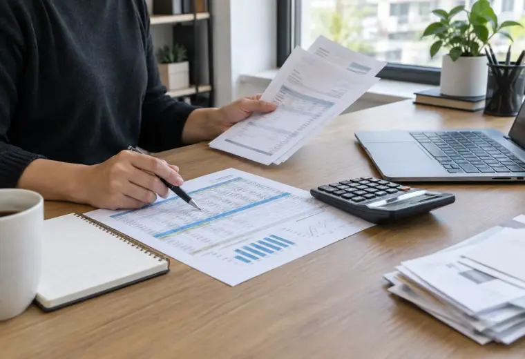 Des factures et une calculatrice posées sur le bureau d’une petite entreprise.