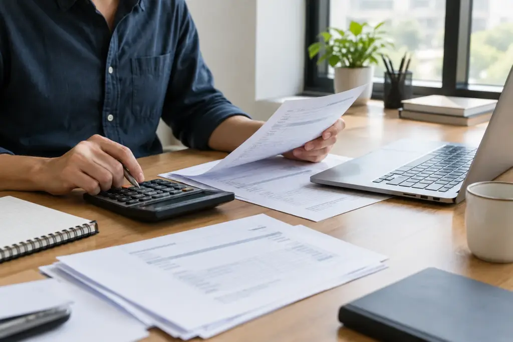 Des factures et une calculatrice sur le bureau d’une petite entreprise.