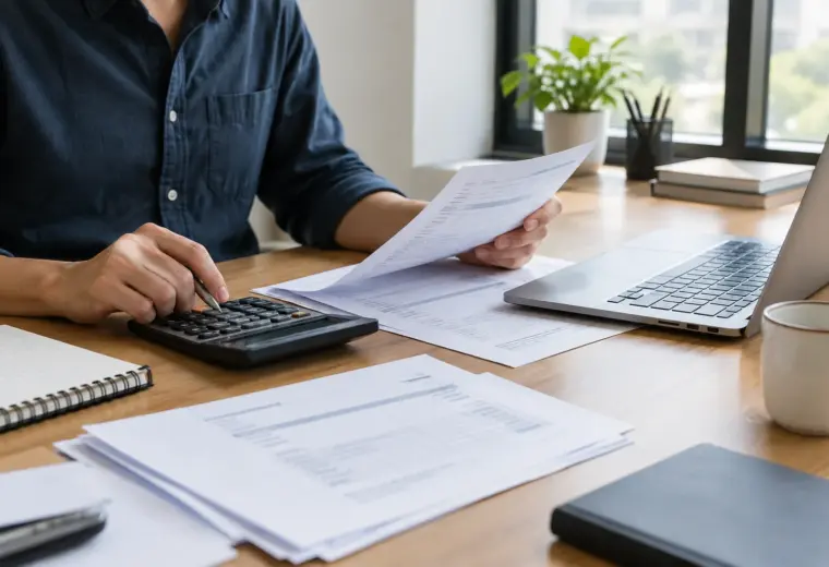Des factures et une calculatrice sur le bureau d’une petite entreprise.