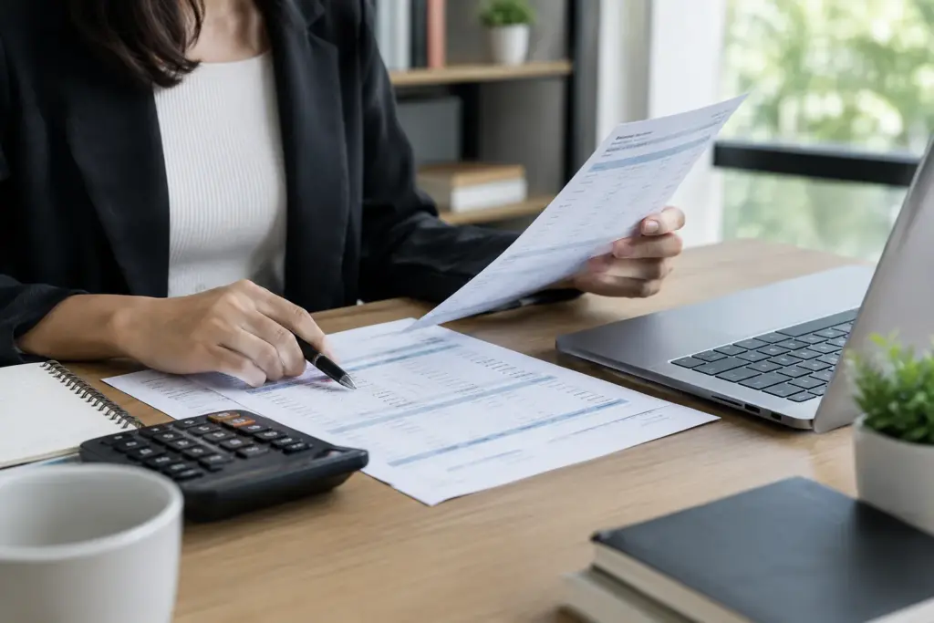 Une personne vérifie un relevé bancaire professionnel à côté d’un ordinateur et d’une calculatrice.
