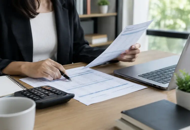 Une personne vérifie un relevé bancaire professionnel à côté d’un ordinateur et d’une calculatrice.