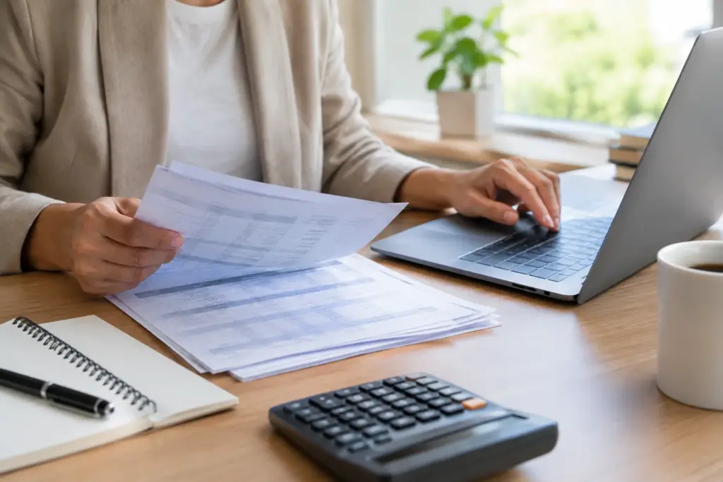 Documents bancaires et ordinateur consultés sur le bureau d’une petite entreprise