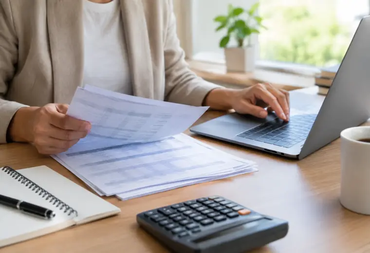 Documents bancaires et ordinateur consultés sur le bureau d’une petite entreprise