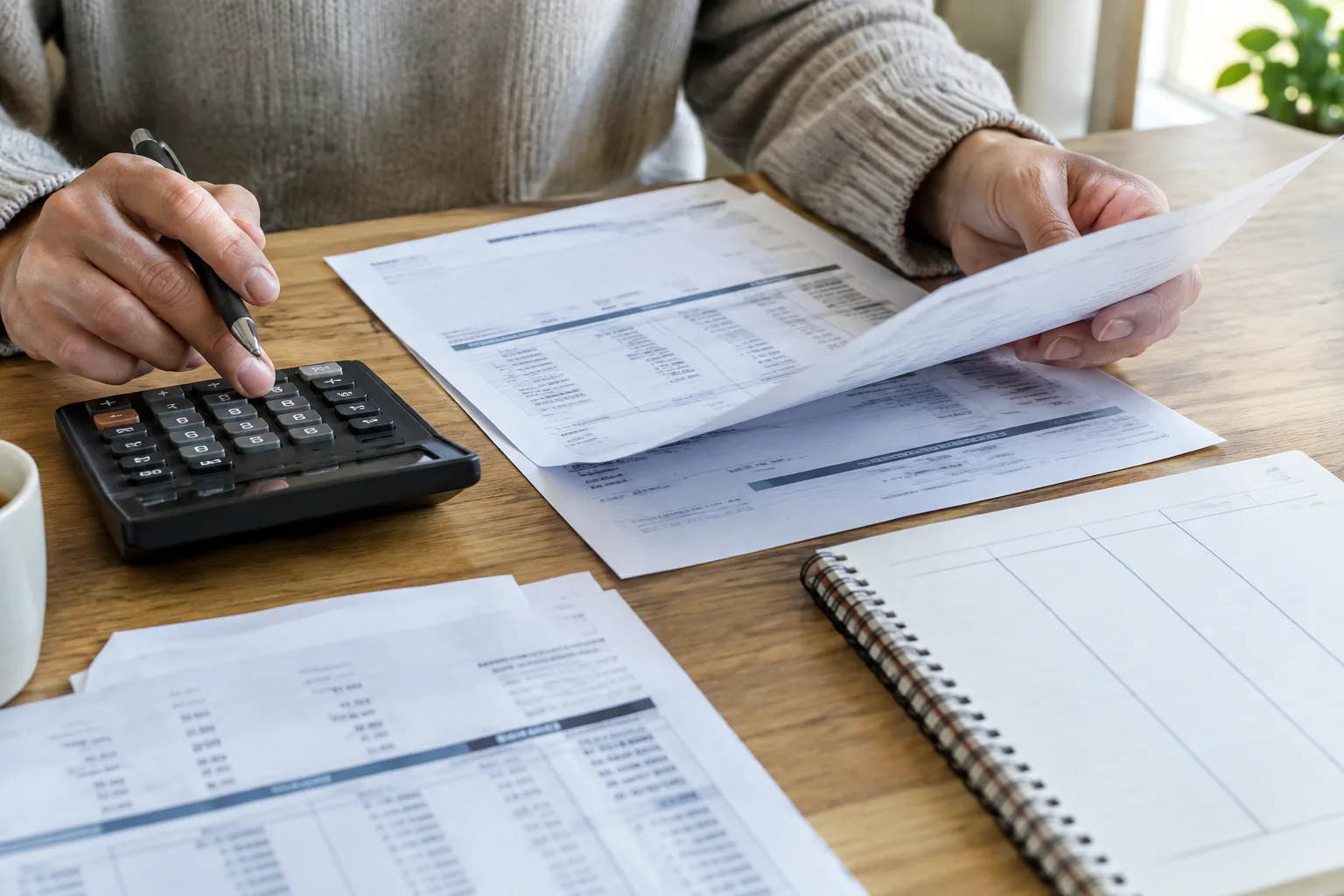 Une personne compare des documents tarifaires bancaires à l’aide d’une calculatrice.