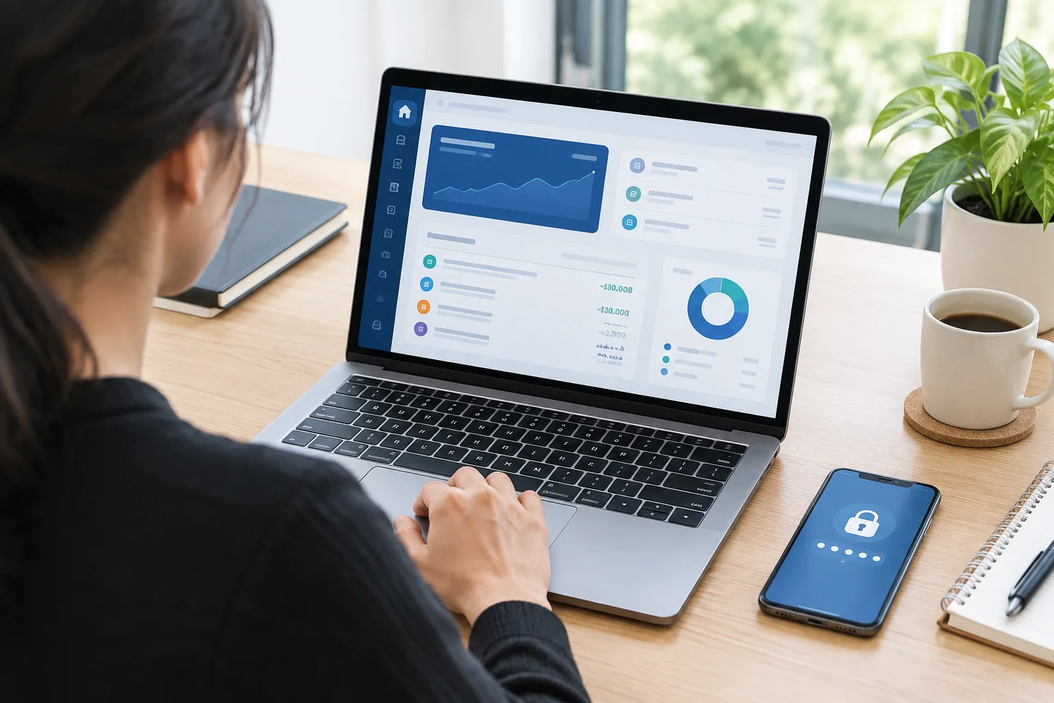 Une personne consulte un espace bancaire professionnel sur ordinateur avec un téléphone à proximité.