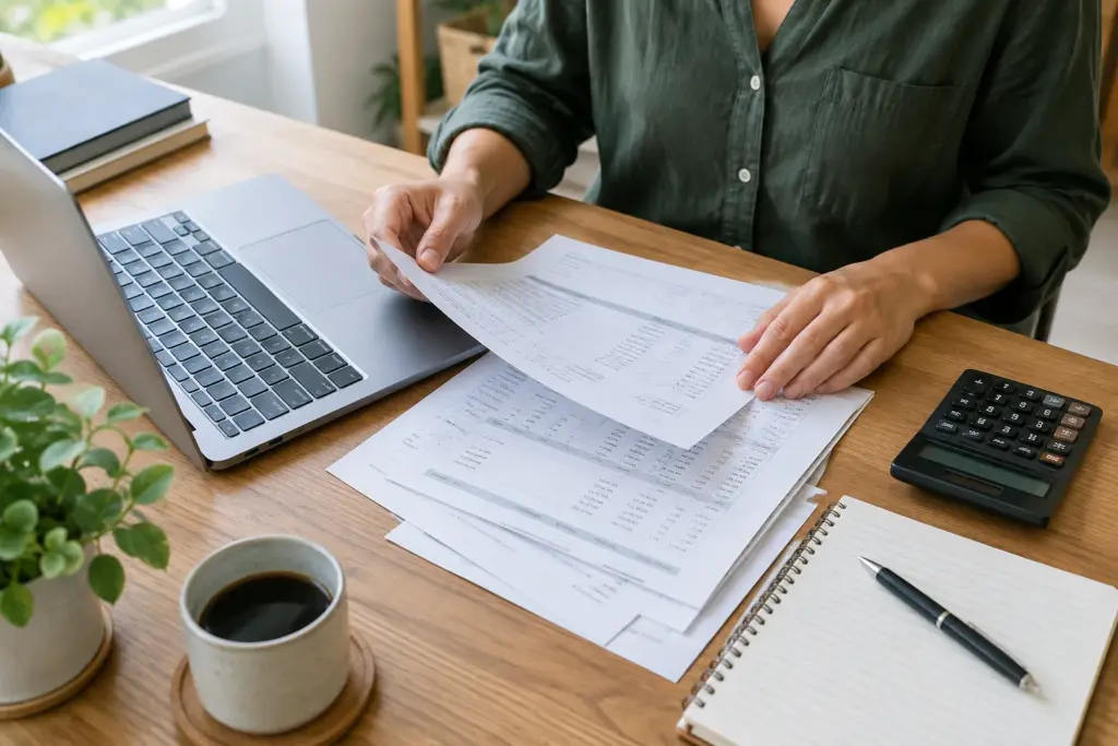 Des relevés bancaires, un ordinateur et une calculatrice sur le bureau d’une petite entreprise.