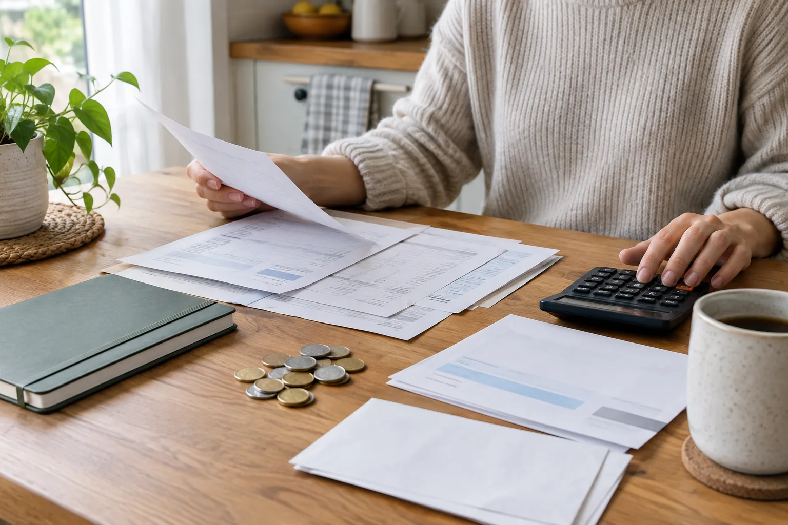 Des factures et un calculateur réunis pour évaluer la place d’une mensualité dans un budget.