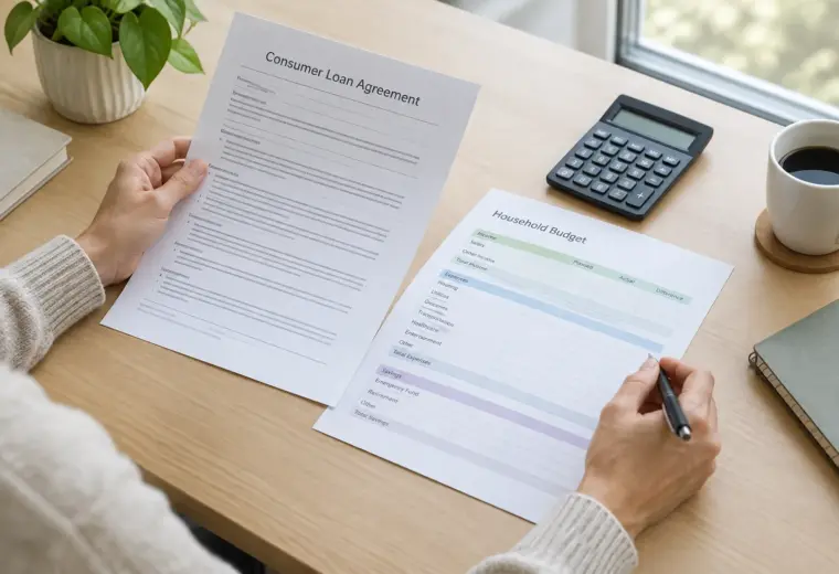 Des documents de crédit et un calculateur posés sur un bureau pour comparer des offres.