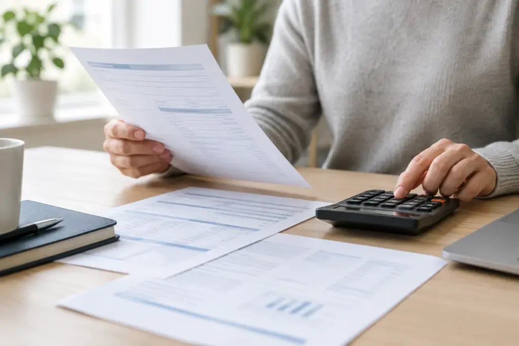 Des mains consultent un document de crédit à côté d’une calculatrice.