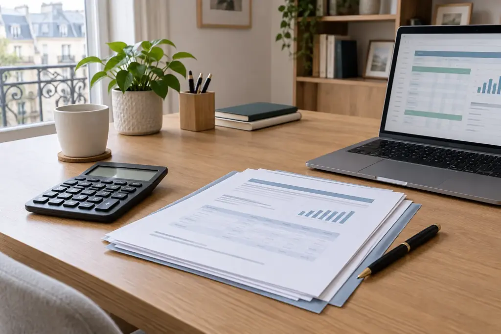 Calculatrice, stylo et documents de crédit disposés sur un bureau.