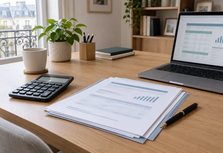 Calculatrice, stylo et documents de crédit disposés sur un bureau.