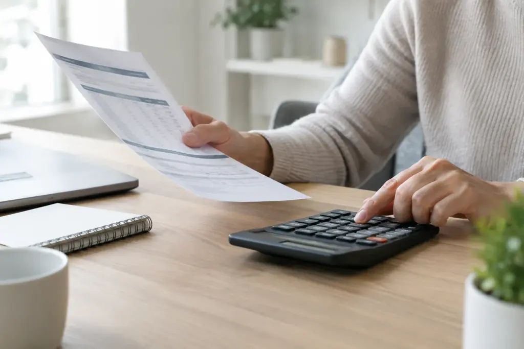 Des mains consultent un document de crédit à côté d’une calculatrice.