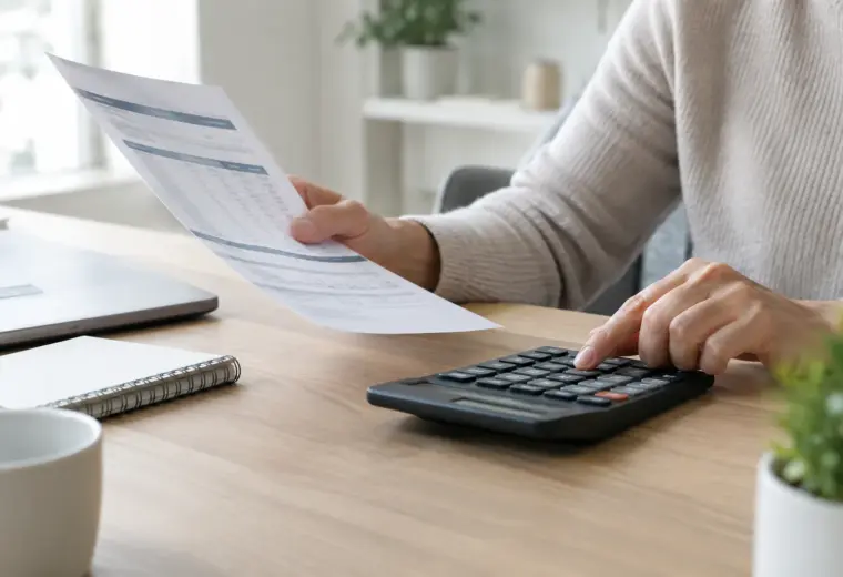 Des mains consultent un document de crédit à côté d’une calculatrice.