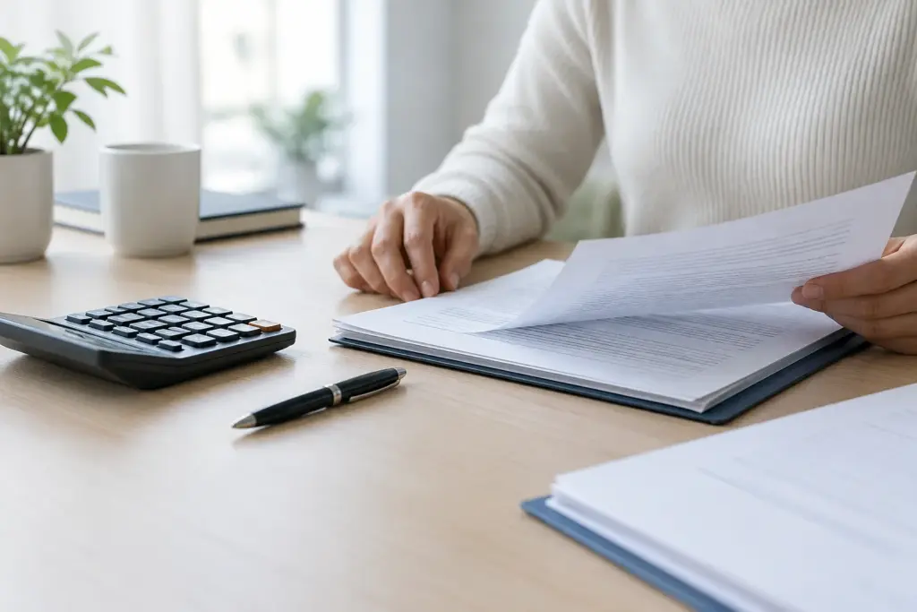 Calculatrice, stylo et documents de crédit disposés sur un bureau.