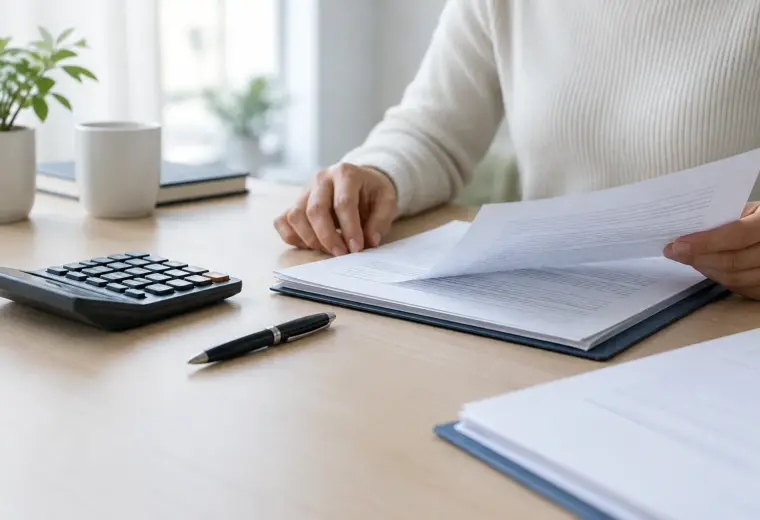 Calculatrice, stylo et documents de crédit disposés sur un bureau.