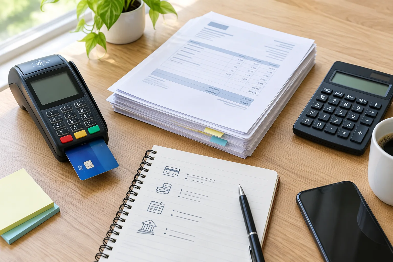 Factures, calculatrice et terminal de paiement réunis sur un bureau professionnel.