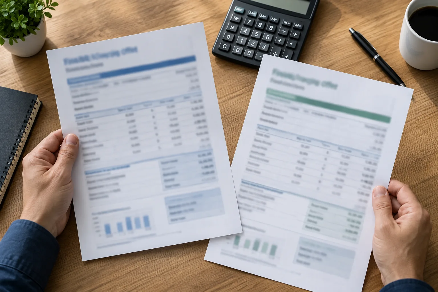 Mains comparant deux offres de financement à côté d’une calculatrice.