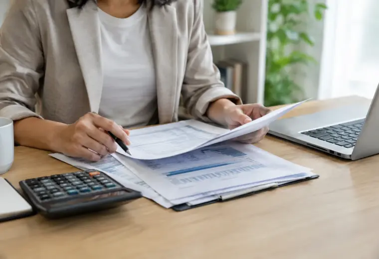 Documents de financement professionnel et calculatrice disposés sur un bureau.