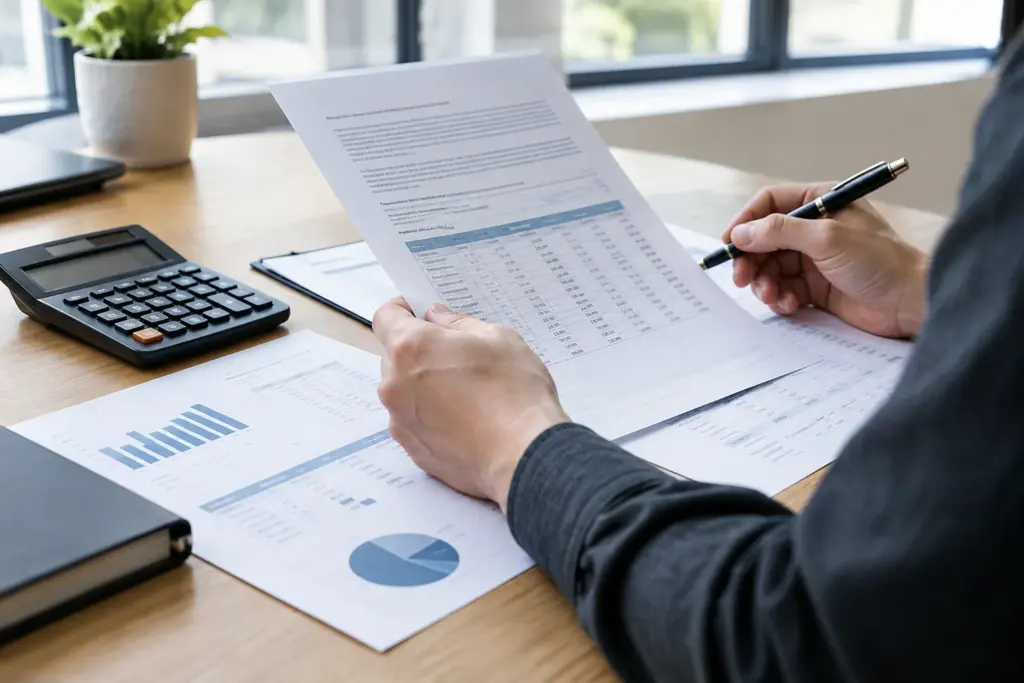 Des documents de financement professionnel et une calculatrice posés sur un bureau.