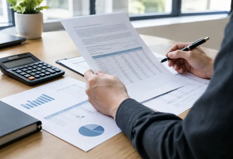 Des documents de financement professionnel et une calculatrice posés sur un bureau.