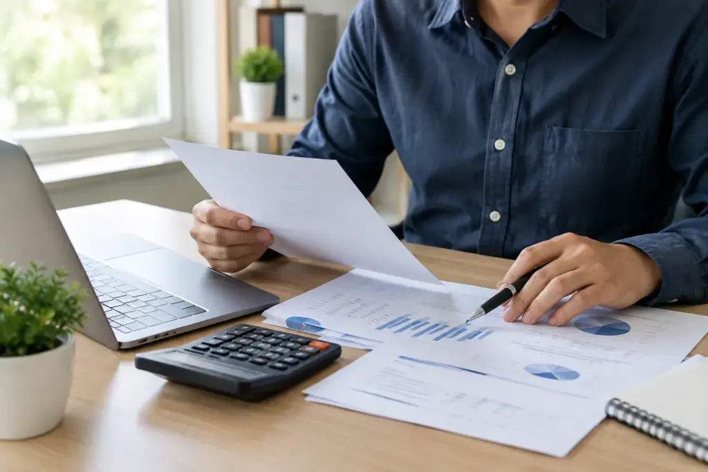 Un dirigeant examine des documents financiers et un ordinateur sur son bureau.