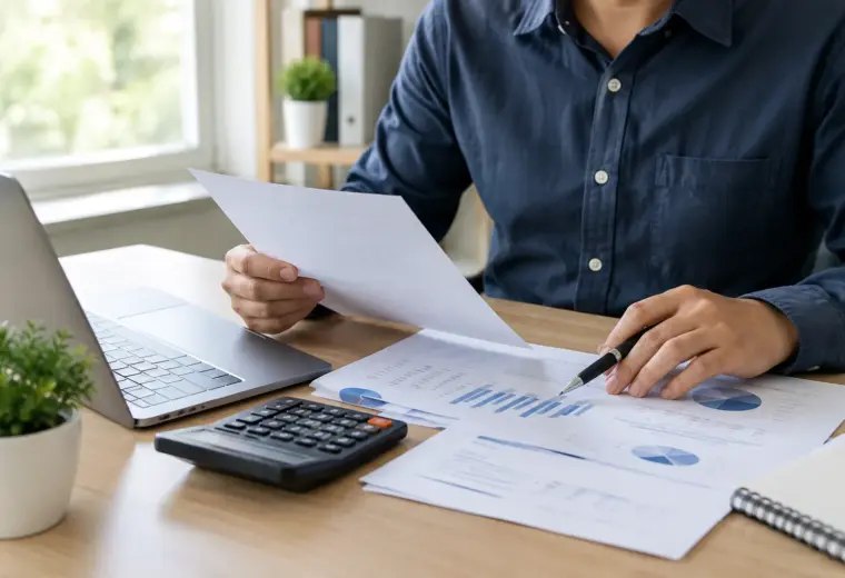 Un dirigeant examine des documents financiers et un ordinateur sur son bureau.