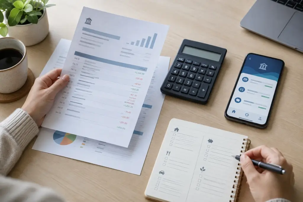 Relevé bancaire, calculatrice et téléphone posés sur un bureau pour suivre le solde d’un compte.