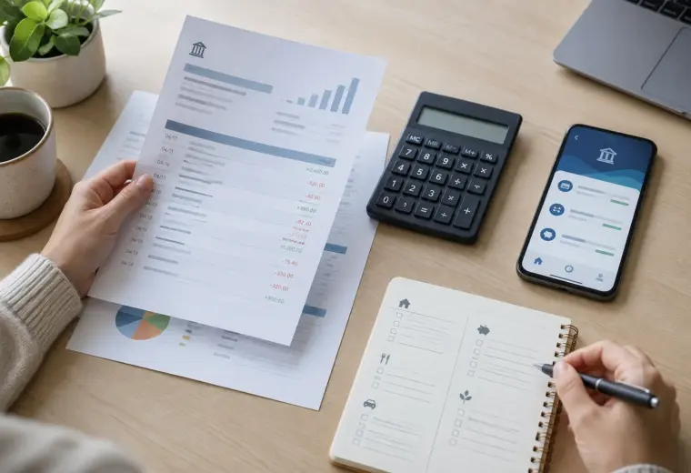 Relevé bancaire, calculatrice et téléphone posés sur un bureau pour suivre le solde d’un compte.