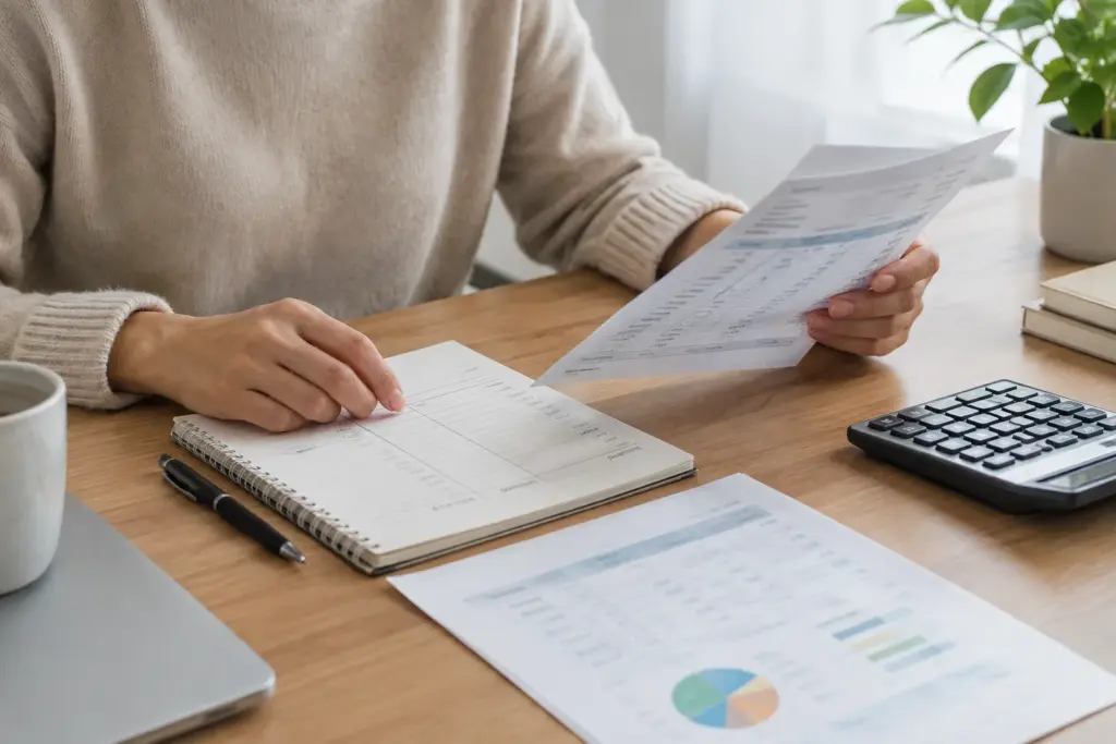 Une personne examine un relevé bancaire et un budget à l’aide d’une calculatrice.