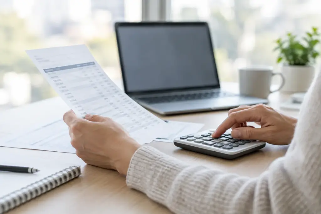 Des mains consultent un relevé bancaire à côté d’une calculatrice.