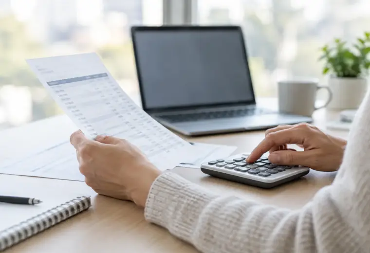 Des mains consultent un relevé bancaire à côté d’une calculatrice.