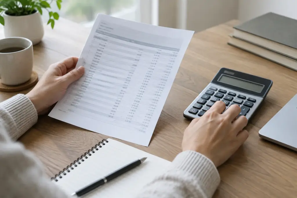 Des mains consultent un relevé bancaire à côté d’une calculatrice.