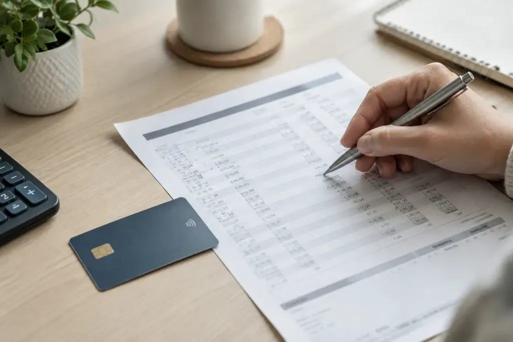 Une personne examine un relevé bancaire et note des chiffres à côté d’une carte de paiement.