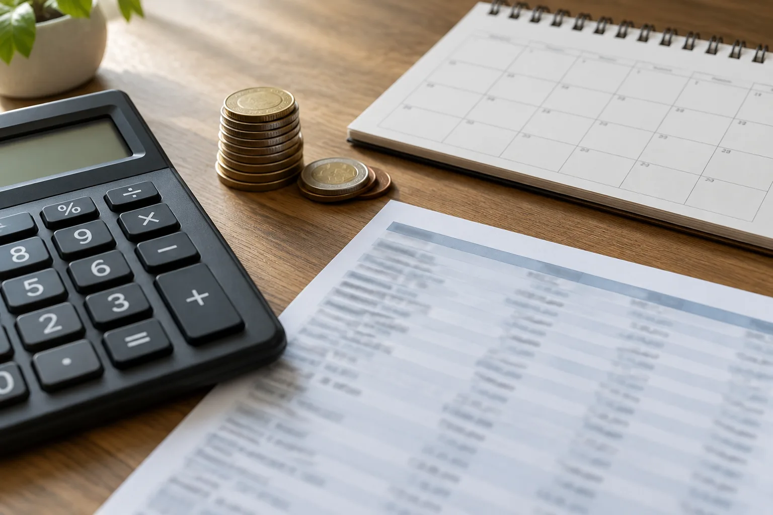 Une calculatrice, des pièces et un calendrier évoquent le calcul des intérêts sur un découvert.