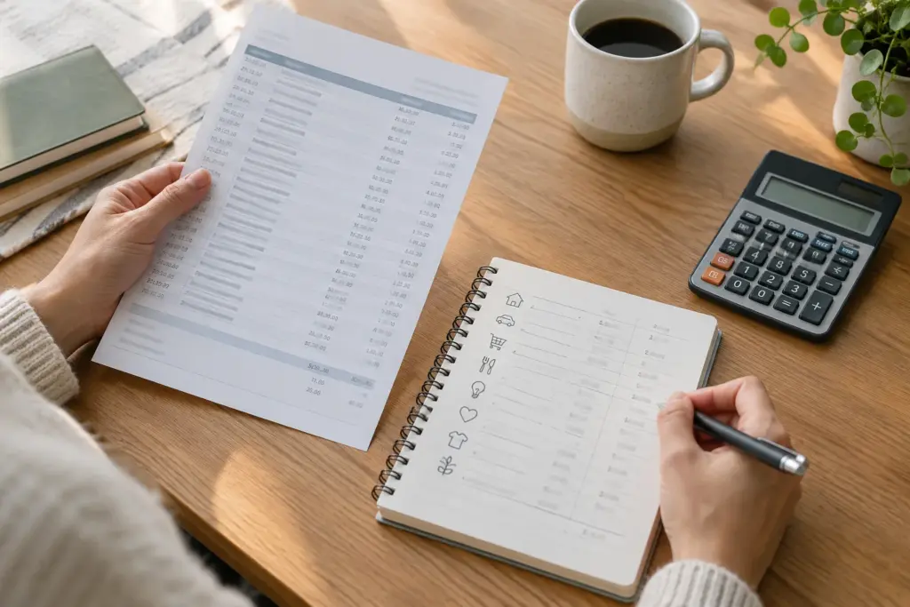 Des documents bancaires, un carnet de budget et une calculatrice posés sur un bureau.