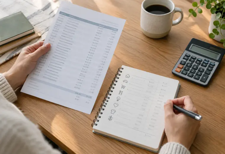 Des documents bancaires, un carnet de budget et une calculatrice posés sur un bureau.