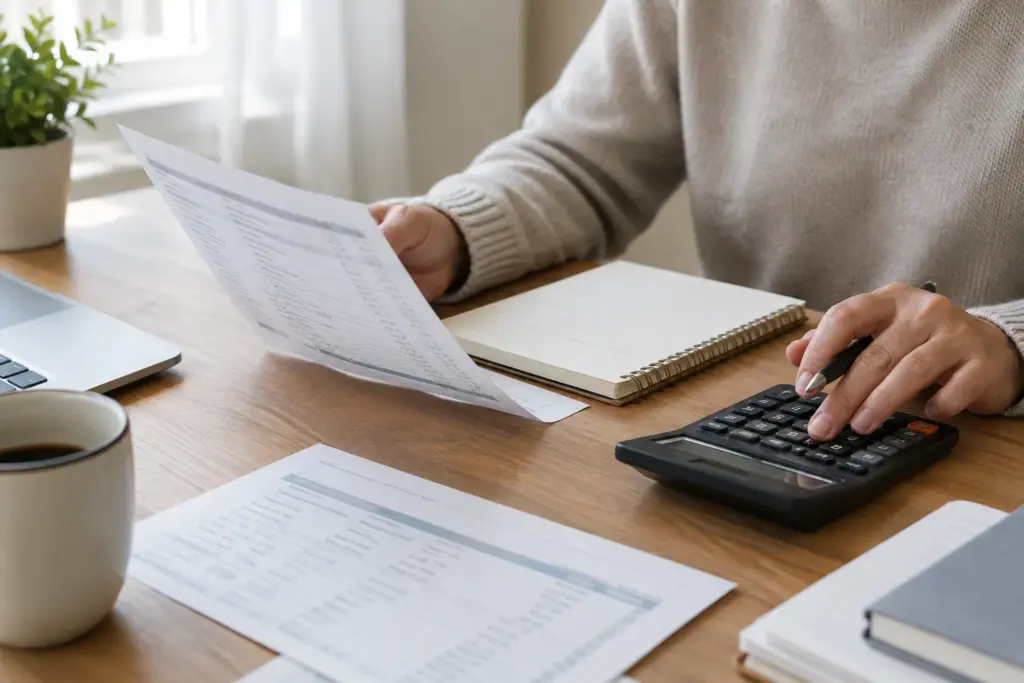Des mains consultent un relevé bancaire à côté d’un carnet et d’une calculatrice.