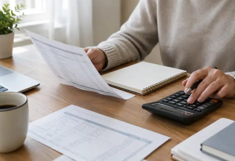 Des mains consultent un relevé bancaire à côté d’un carnet et d’une calculatrice.