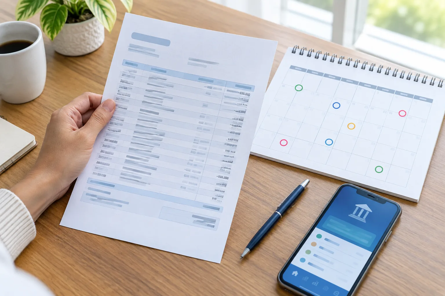 Une personne consulte un relevé bancaire et un calendrier pour suivre les dates des opérations.