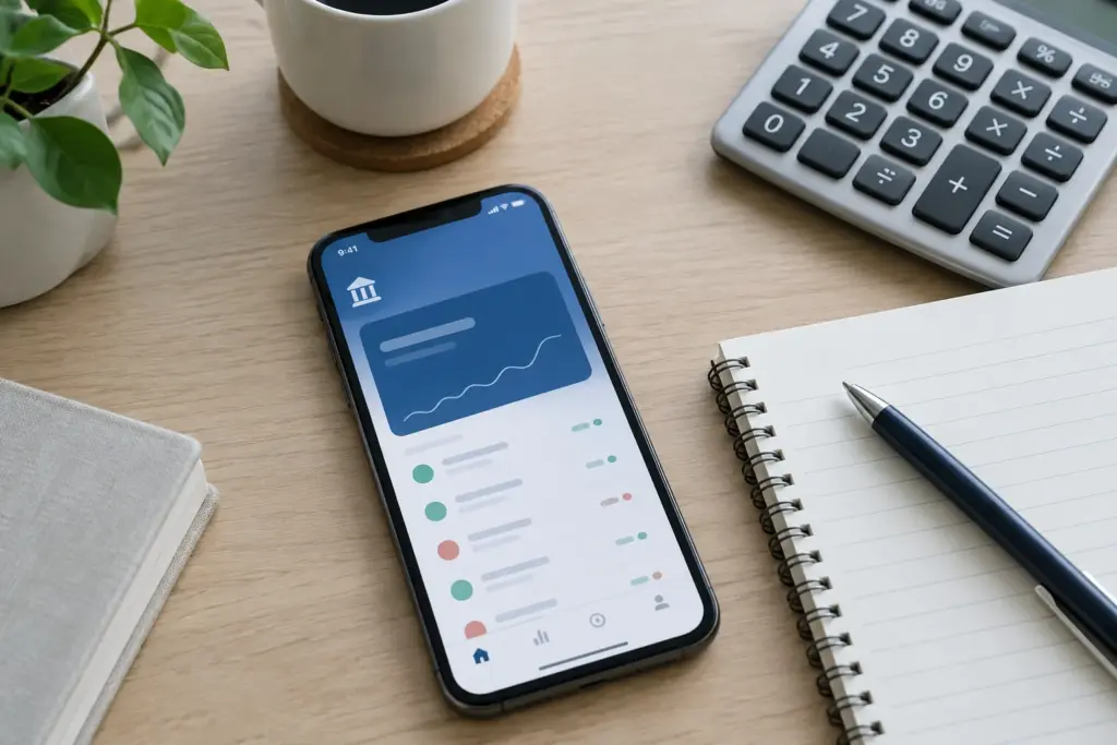 Un téléphone, un carnet et une calculatrice posés sur un bureau pour illustrer le suivi d’un compte bancaire.