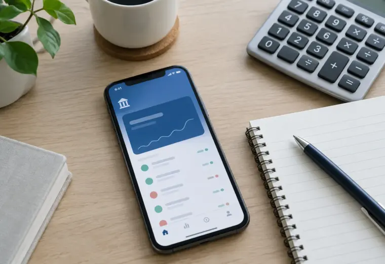 Un téléphone, un carnet et une calculatrice posés sur un bureau pour illustrer le suivi d’un compte bancaire.
