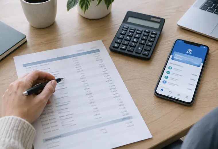Une personne consulte un relevé bancaire et une calculatrice près d’un téléphone.
