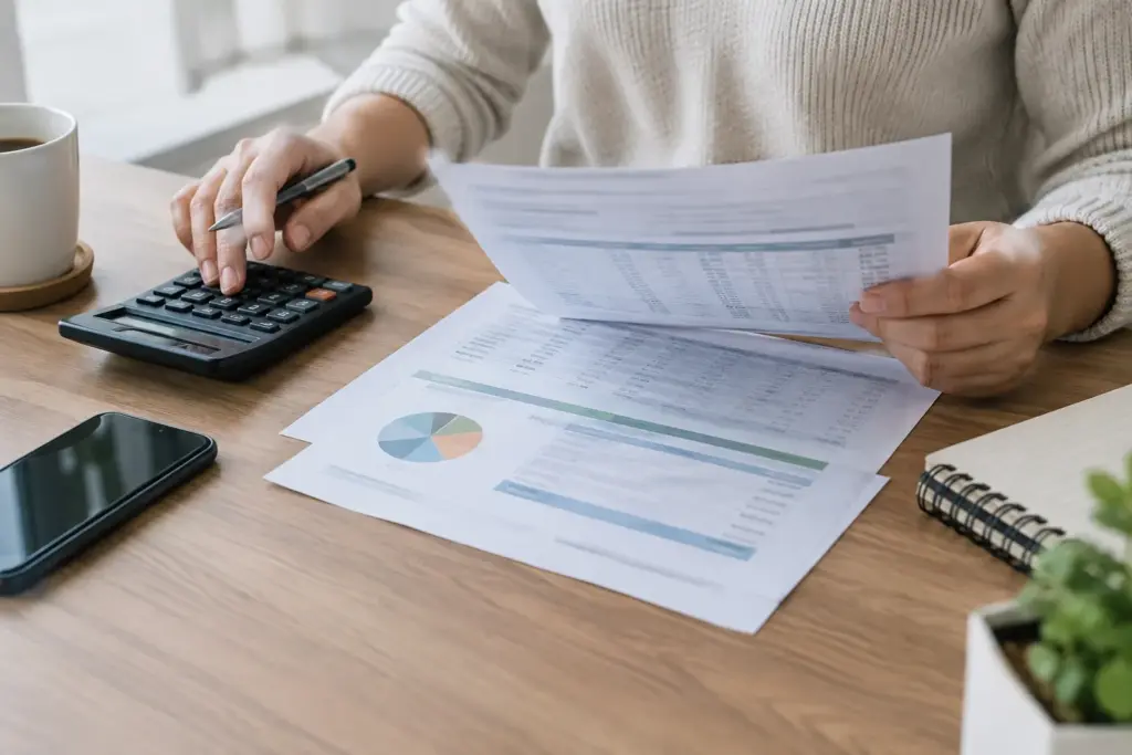 Des mains consultent un relevé bancaire et un budget à côté d’une calculatrice.